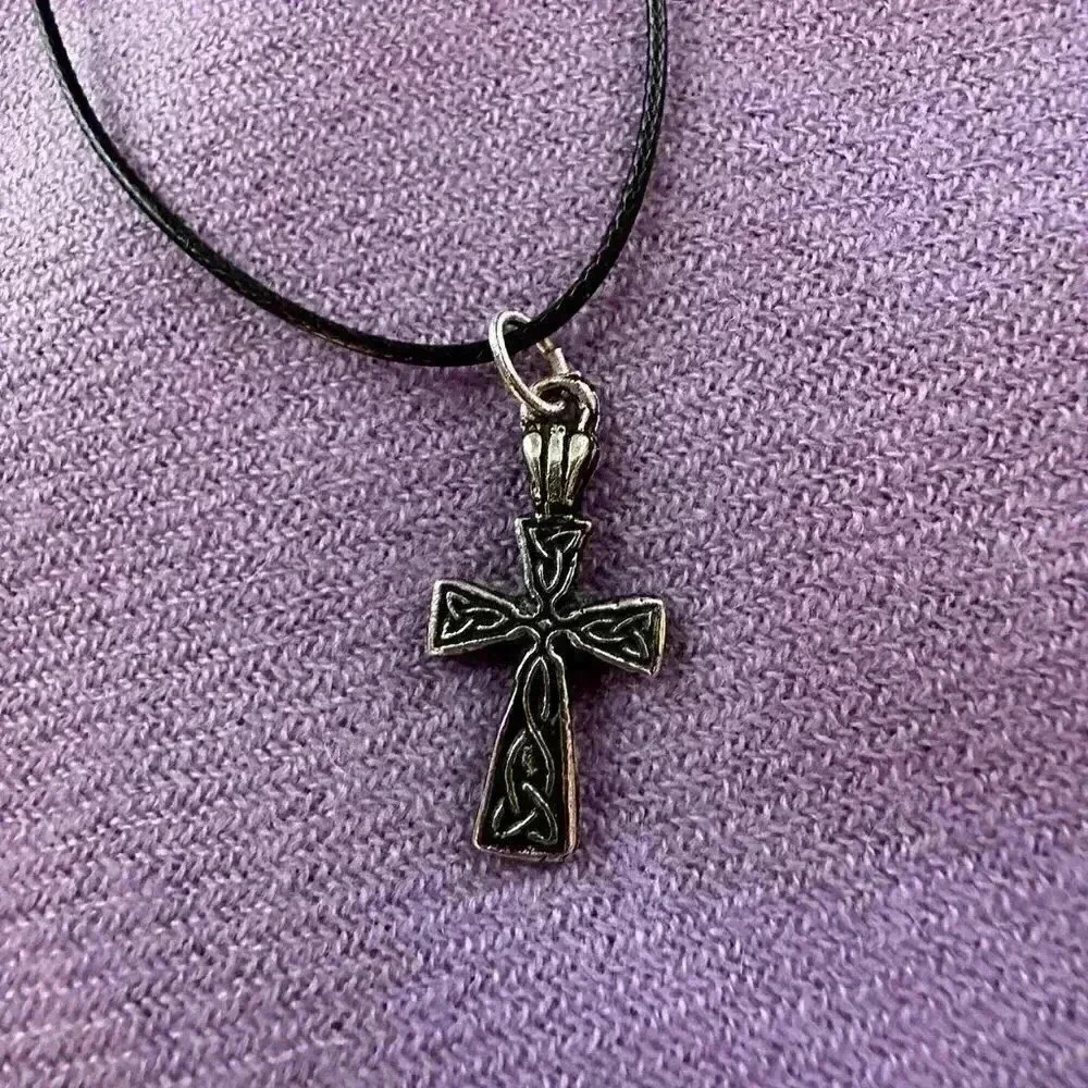 Sterling Silver Small Celtic Cross on Thin Black Rope - Picture 2 of 3